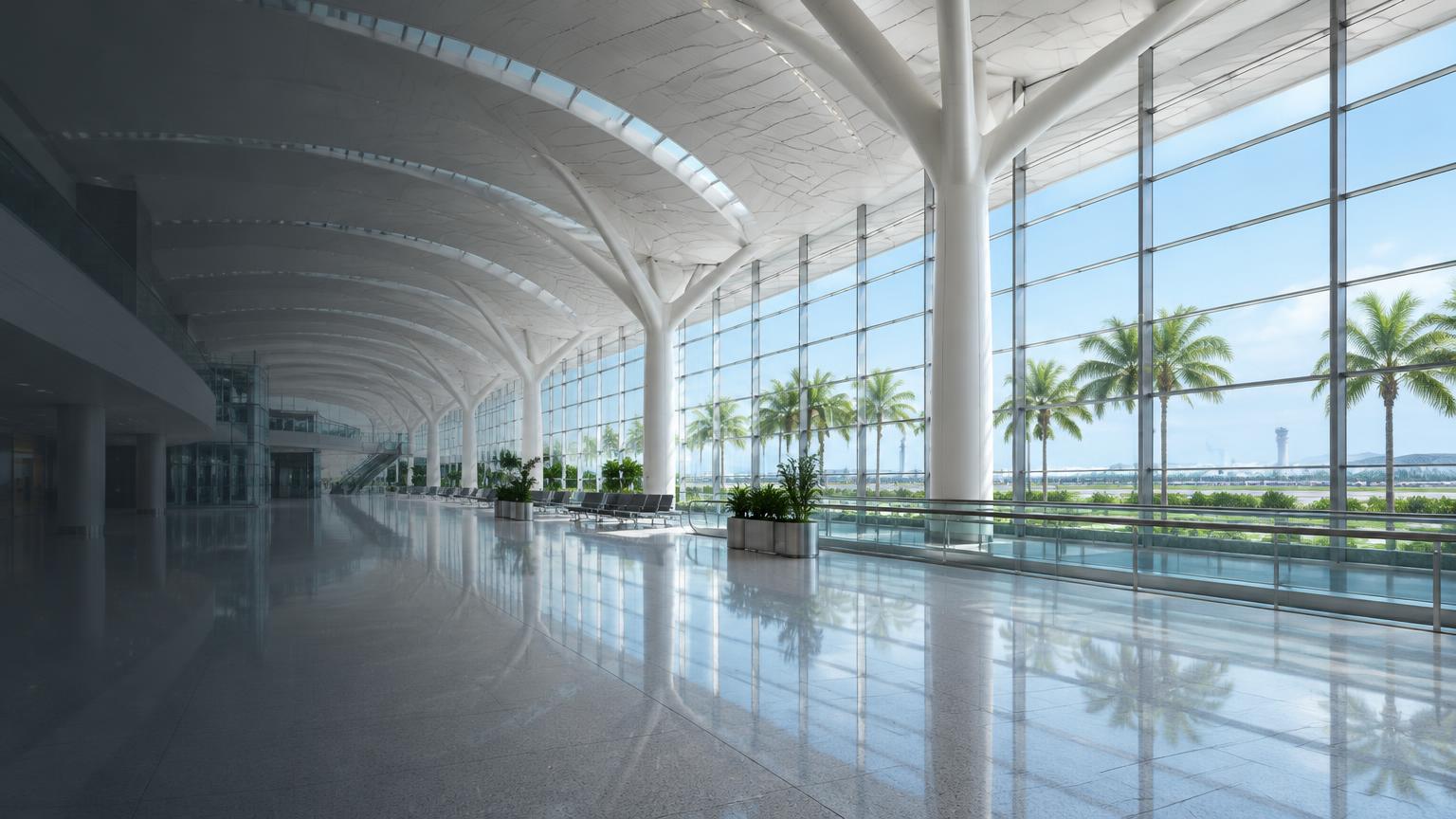 Illustrative terminal architecture inspired by Guangzhou Baiyun; not a documentary photograph