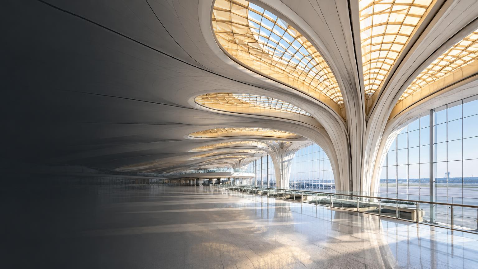 Illustrative architecture inspired by Beijing Daxing; not a documentary photograph